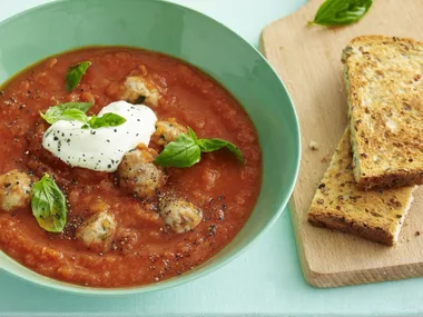 tomato and carrot soup with chicken meatballs