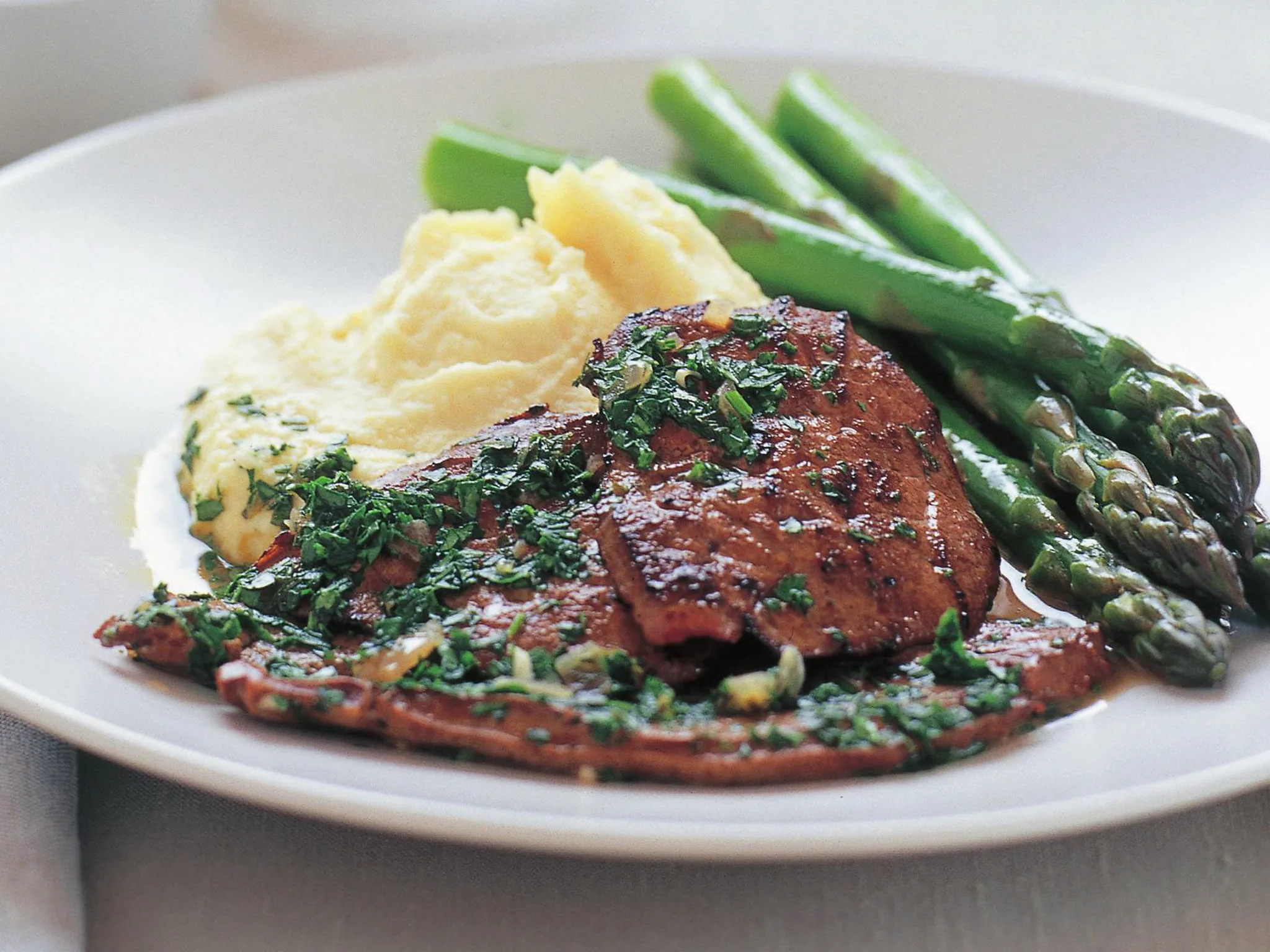 seared calves liver with persillade and parsnip mash