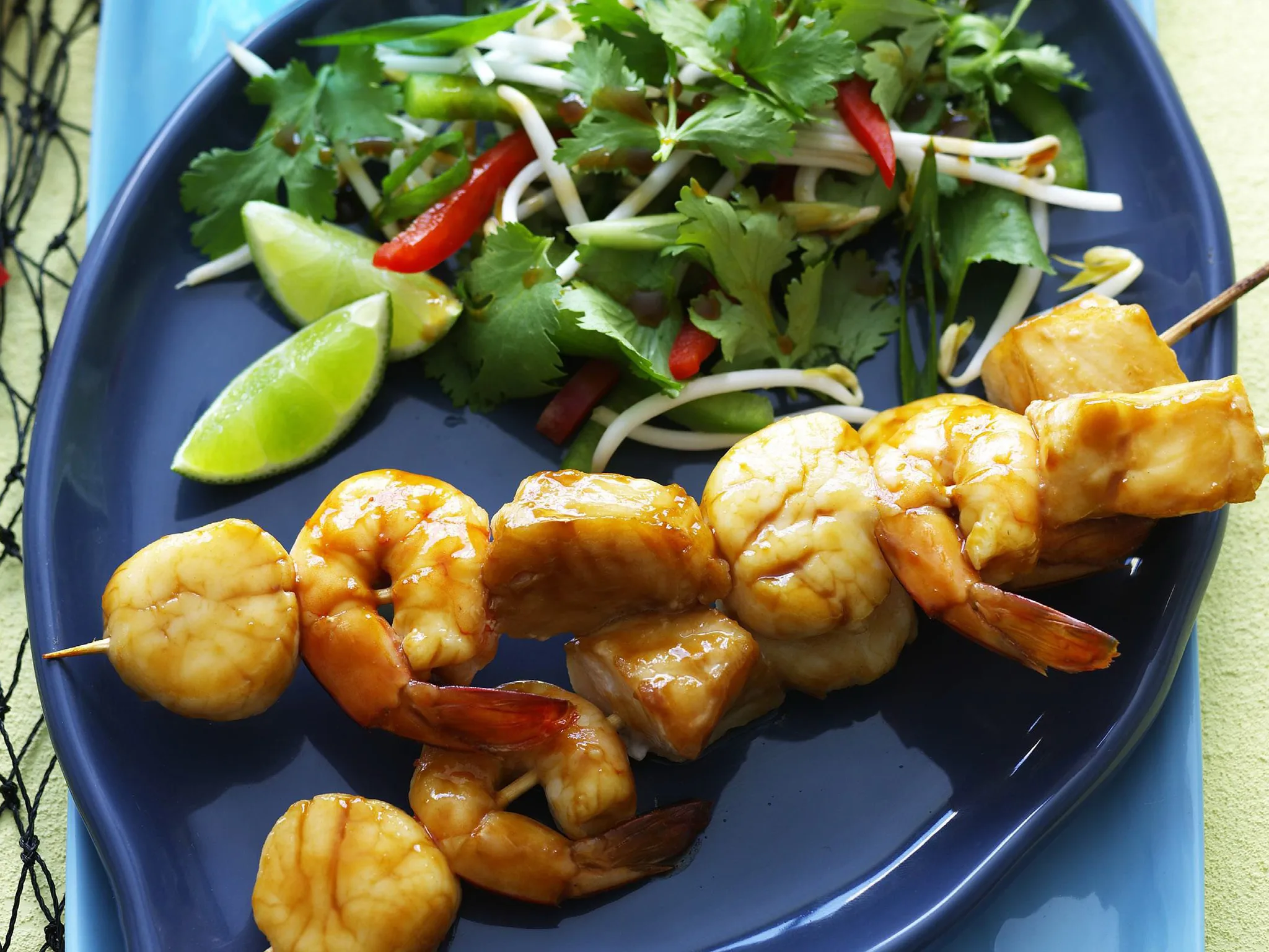 hoisin seafood skewers with ginger salad