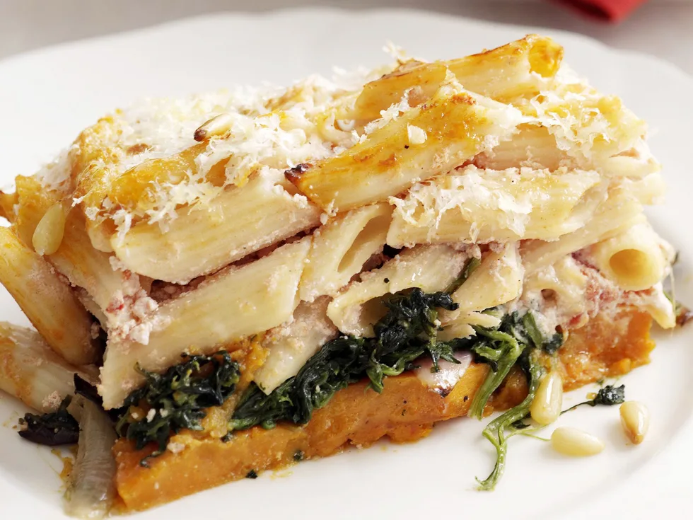 baked penne with kumara and spinach