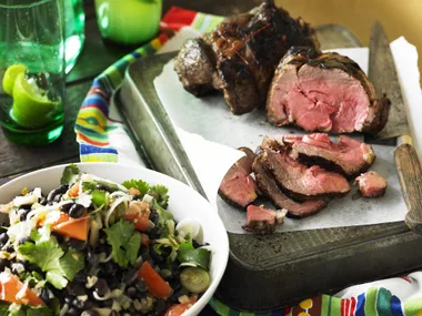 chilli lamb roasts with BLACK BEAN SALAD