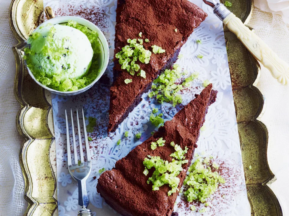 flourless chocolate cake with mint toffee ice-cream