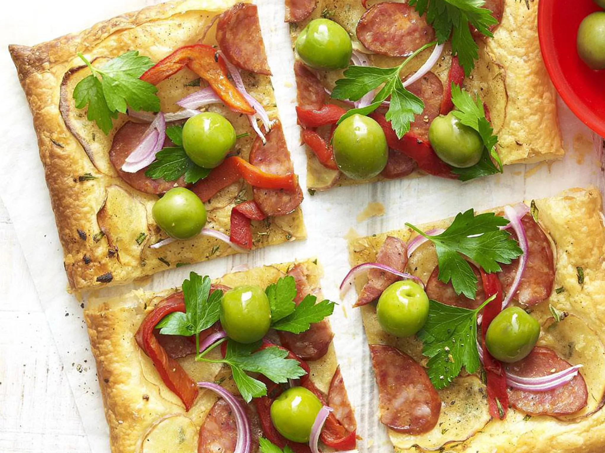 chorizo and potato galette with green olives