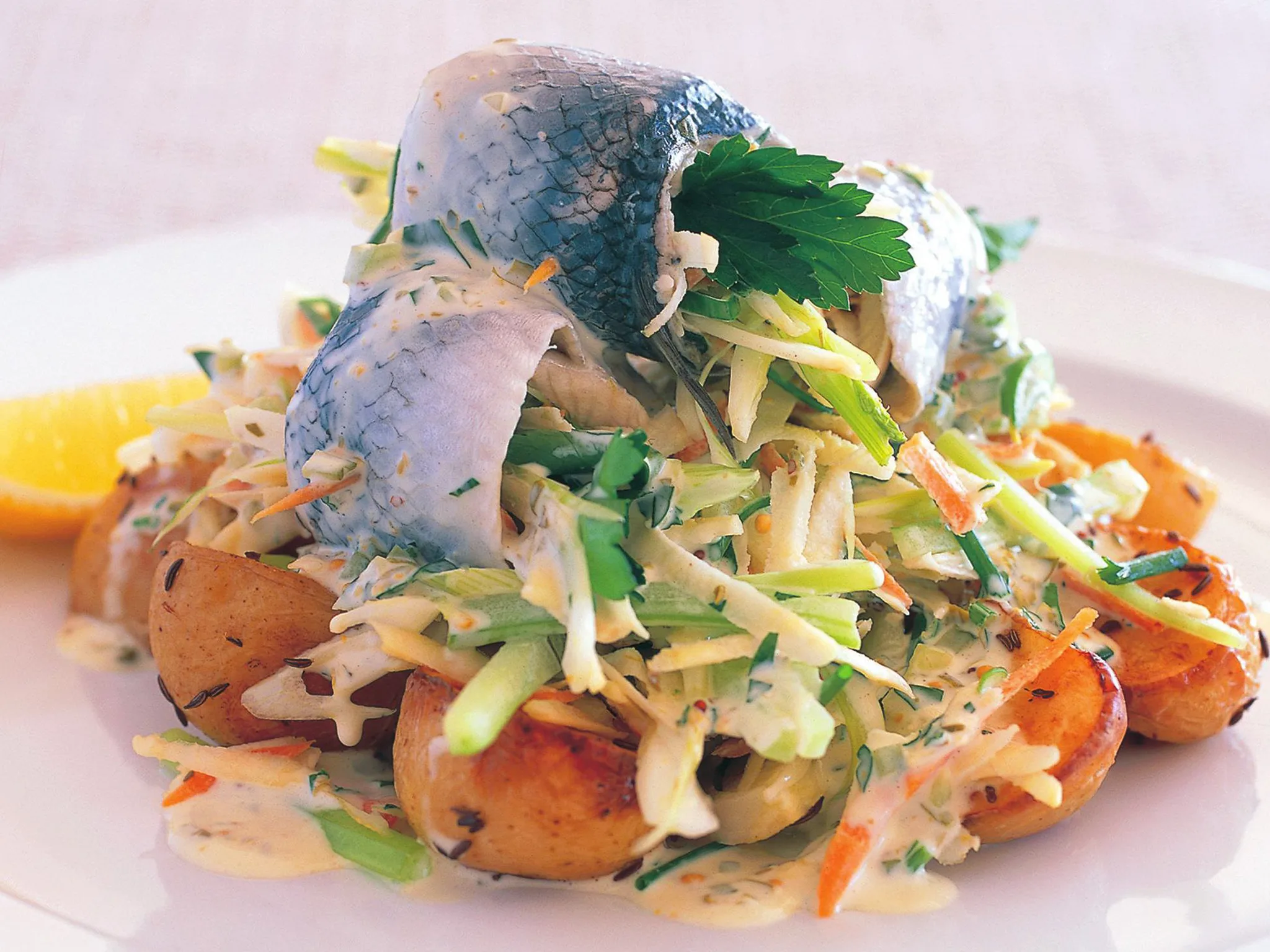rollmops with celeriac remoulade salad and caraway chats