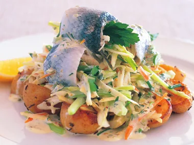 rollmops with celeriac remoulade salad and caraway chats