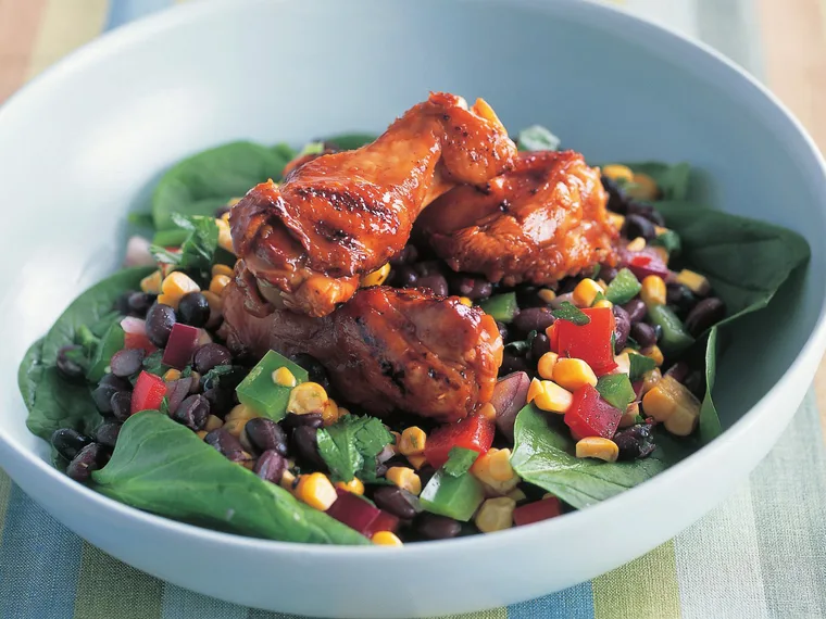 sweet soy drumettes with black bean salad