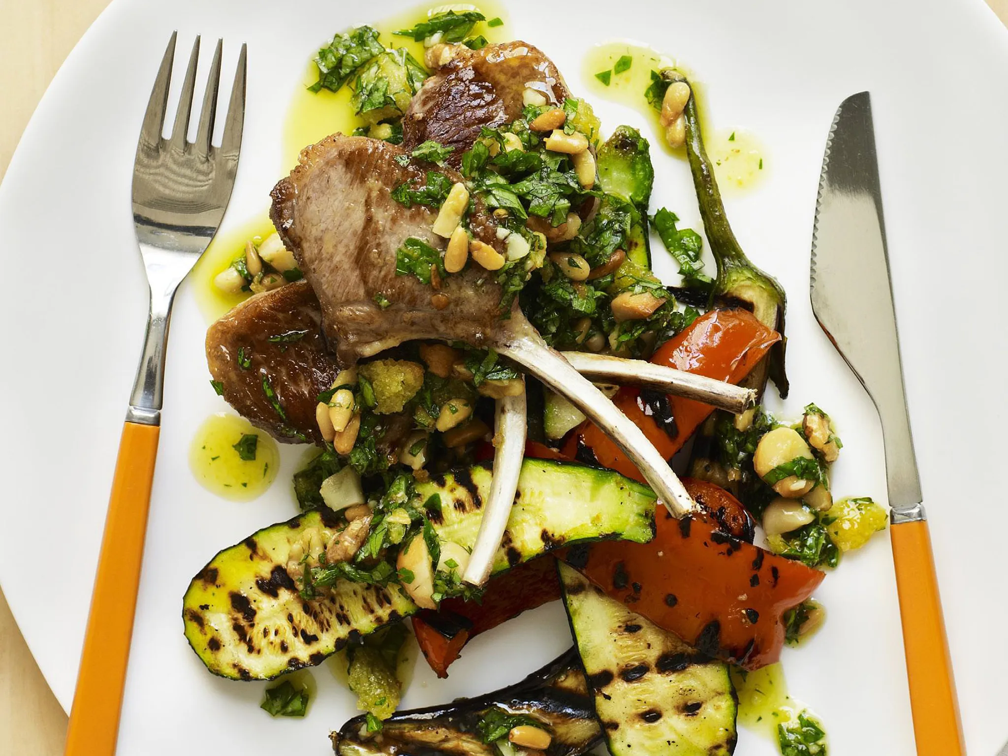 lamb cutlets with char-grilled vegetable salad