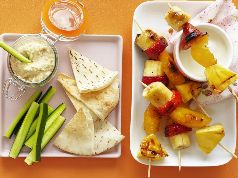 fruit skewers with caramel yoghurt