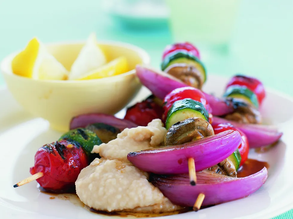 mushroom, tomato and zucchini skewerswith white bean puree