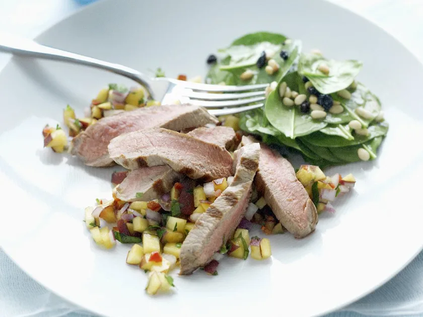 Grilled Lamb with Spicy Peach Salsa & Spinach Salad