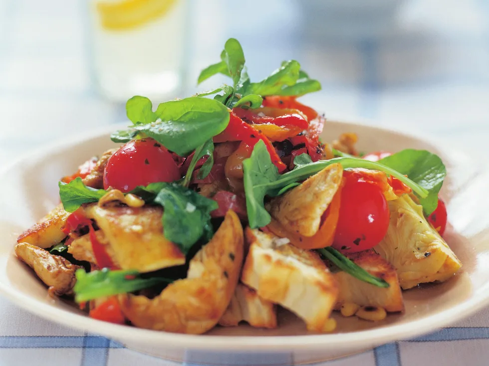 chicken, turkish bread and haloumi salad