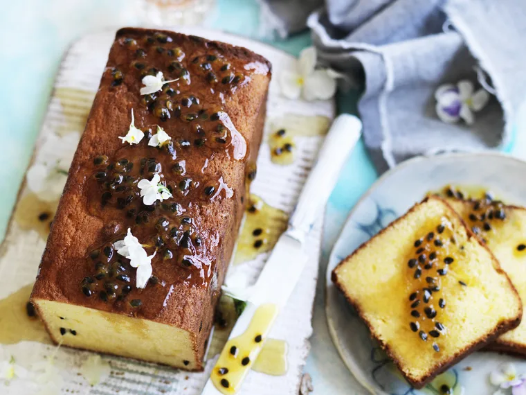 Passionfruitcakewithorange blossom and mint tea syrup