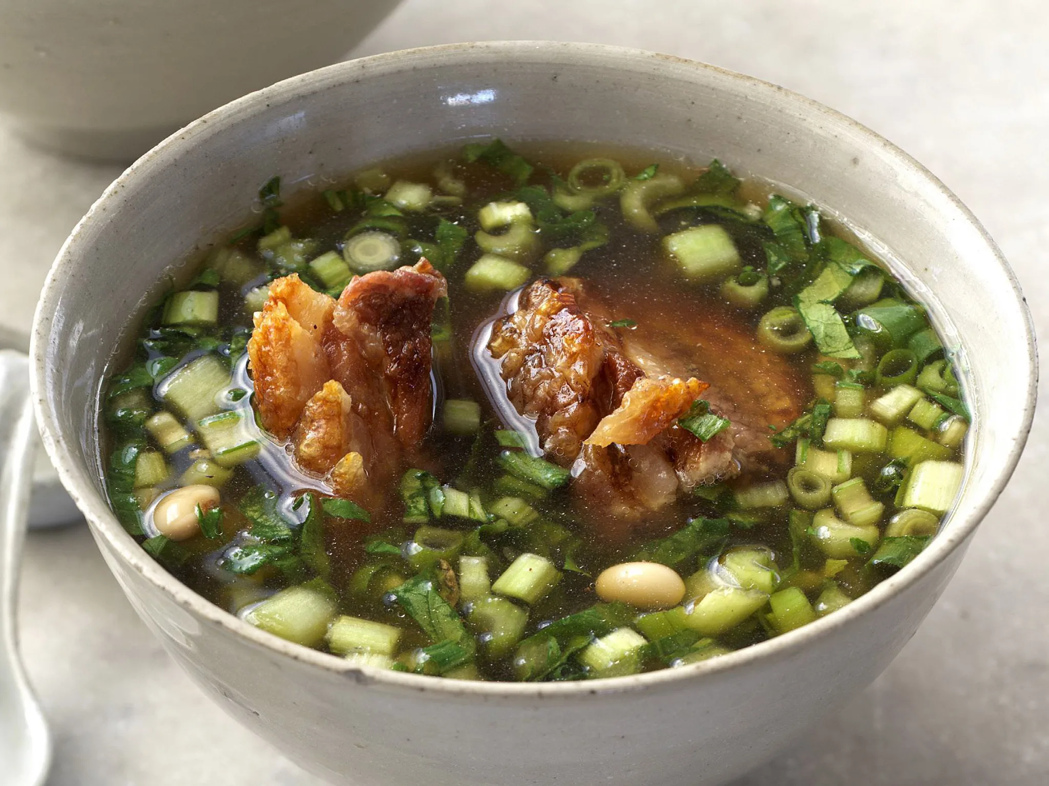 asian broth with crisp pork belly