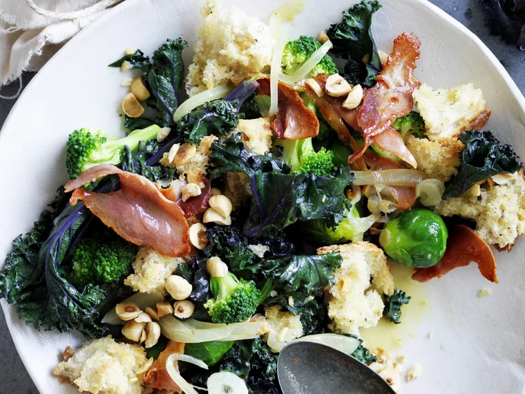 winter vegetable saut&eacute; with prosciutto and hazelnuts