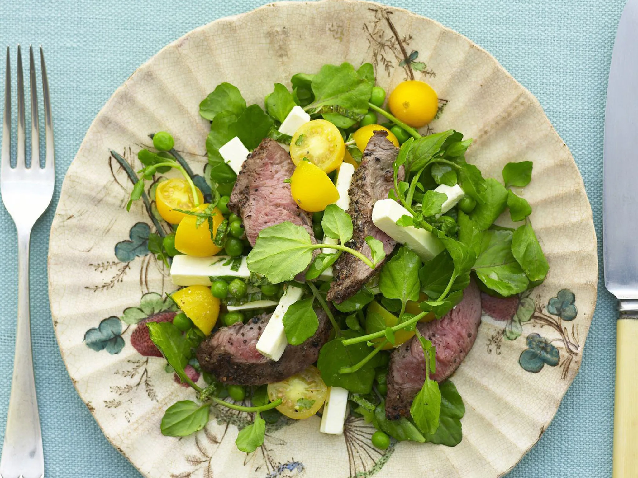 Peppered lamb with watercress, pea and mint salad