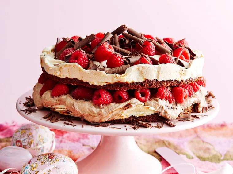 Choc-strawberry meringue gateau