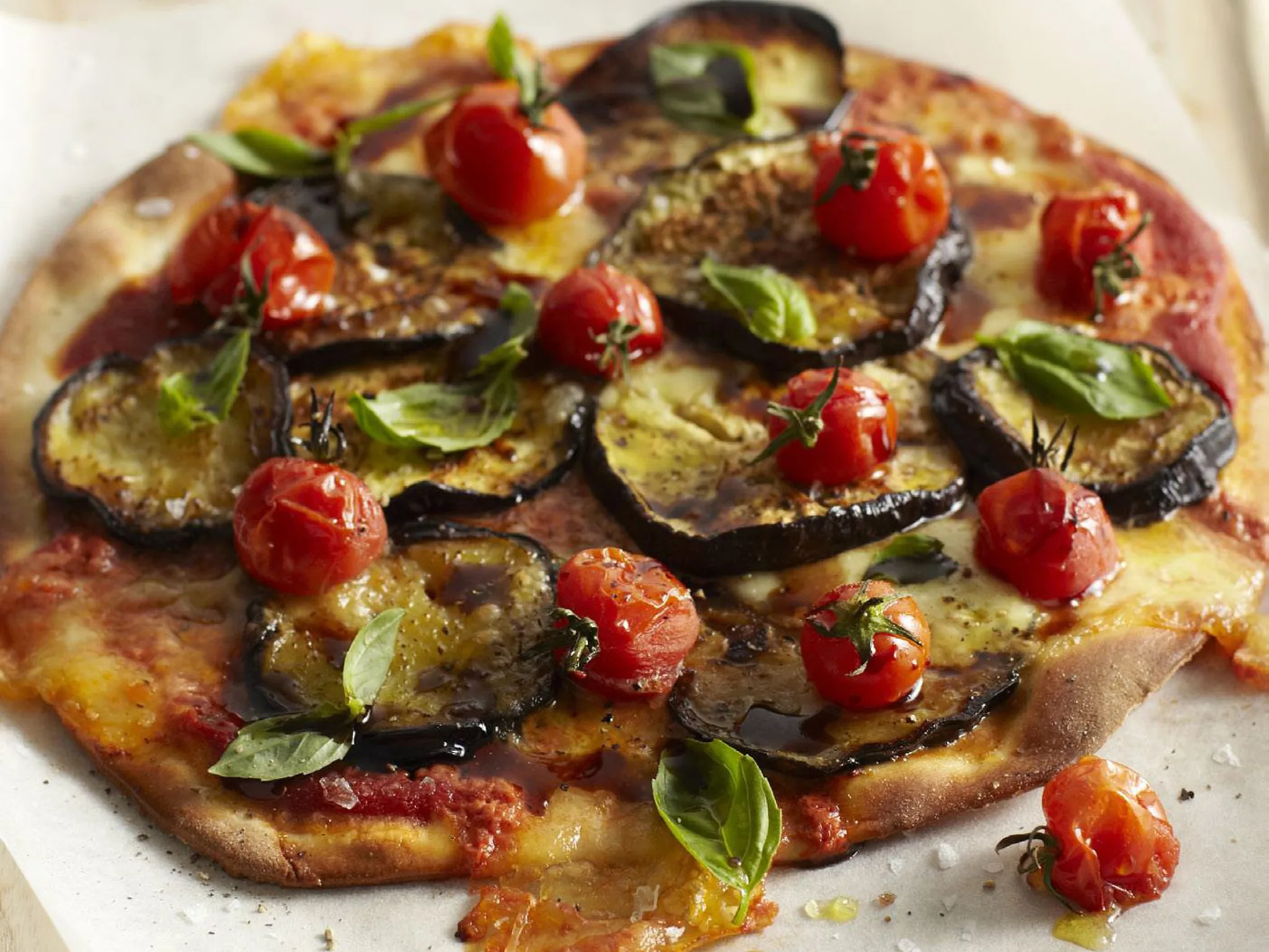 EGGPLANT, TOMATO AND BASIL PIZZA