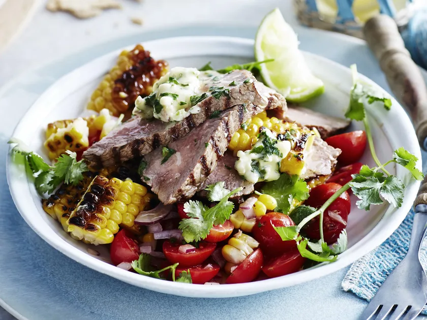 Barbecued Steaks with Anchovy Butter and Corn Salad