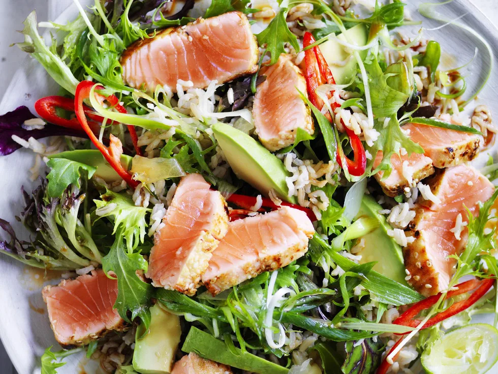 seared wasabi salmon and brown rice salad