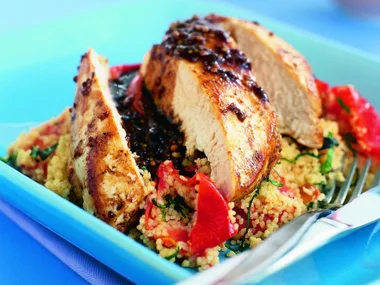 balsamic-glazed chicken breasts with tomato and basil couscous
