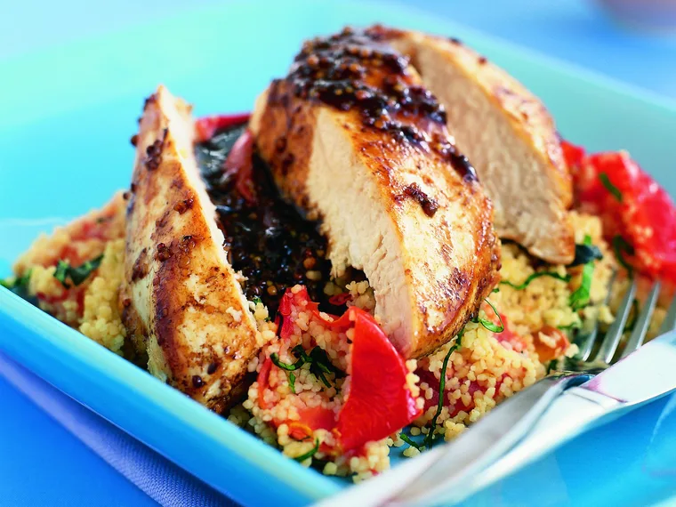 balsamic-glazed chicken breasts with tomato and basil couscous