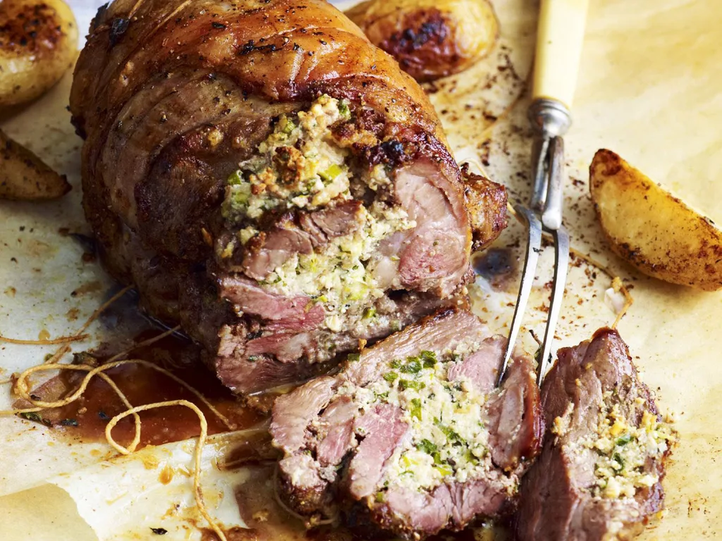 Seasoned rolled lamb shoulder with fetta and mint