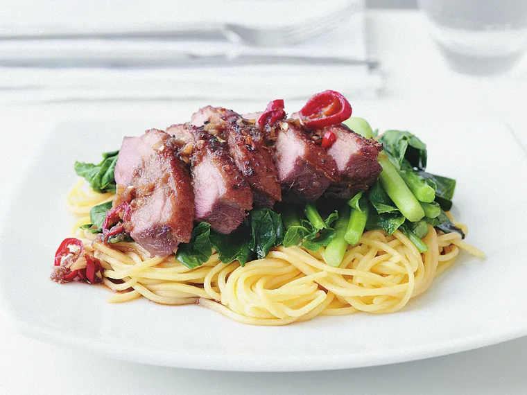 Soy duck breasts with noodles