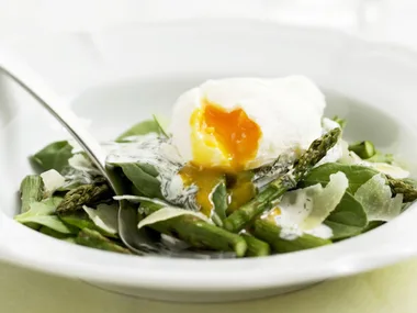 asparagus and spinach with poached egg and pecorino