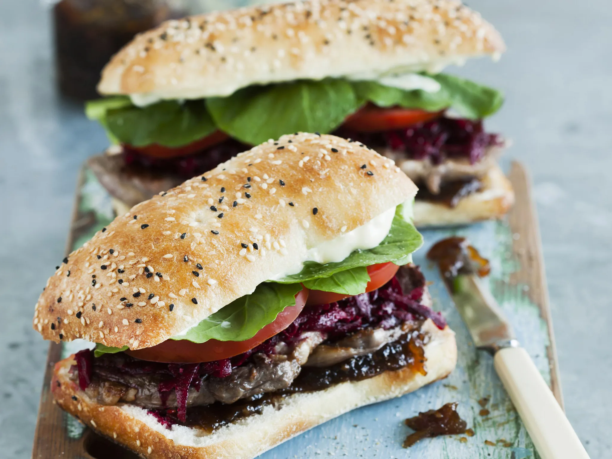 steak sandwich with beetroot salsa
