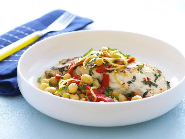 lemon and basil fish with chickpea salad