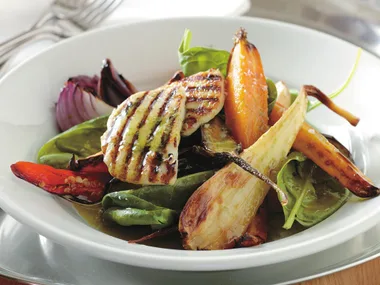 Roasted vegetable and haloumi salad