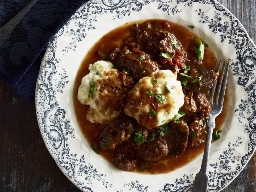 beef casserole with cheesy herb dumplings