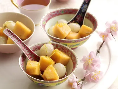 Rockmelon and lychees with citrus syrup