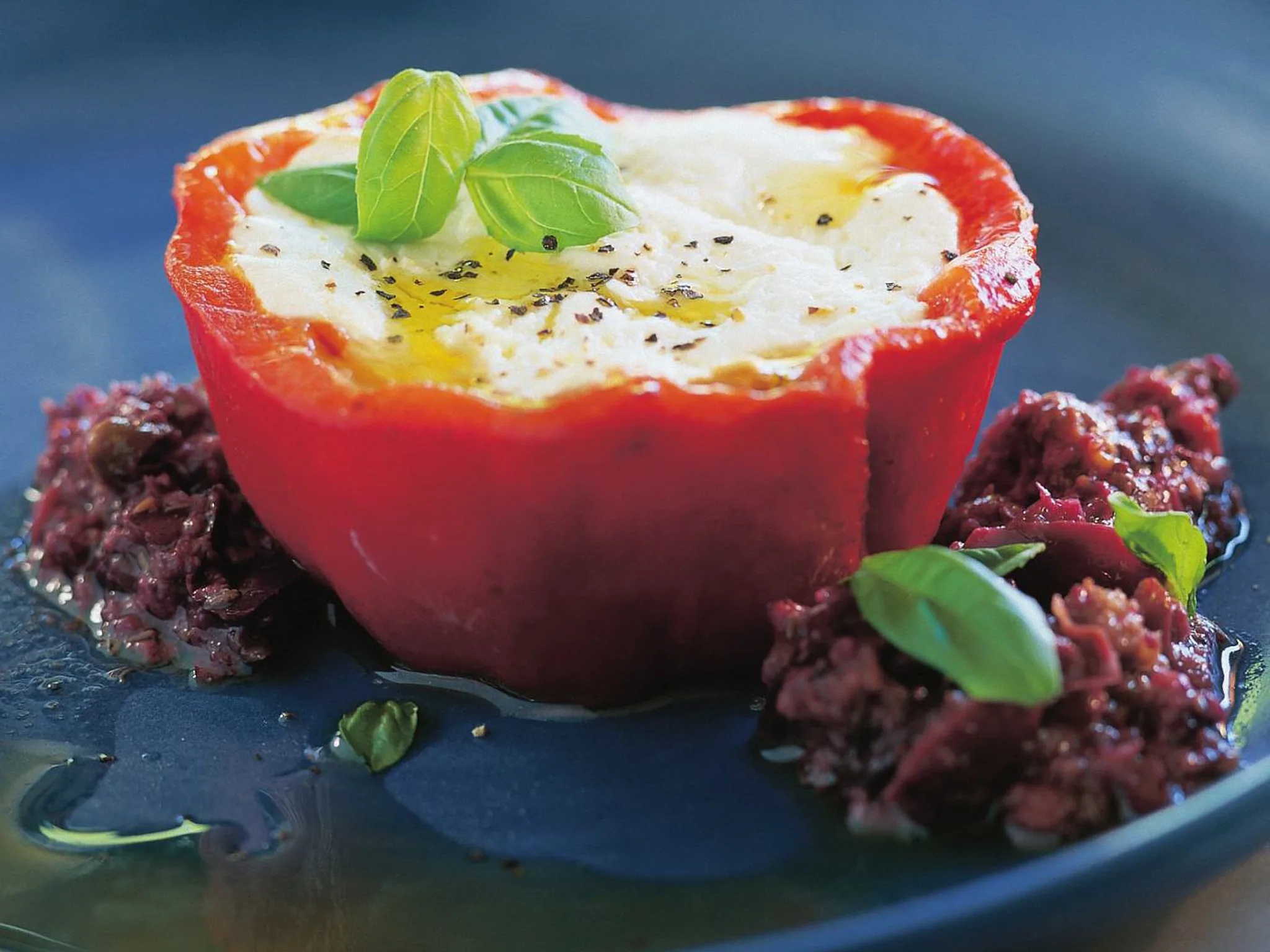 Goat-cheese-stuffed roast capsicum with tapenade