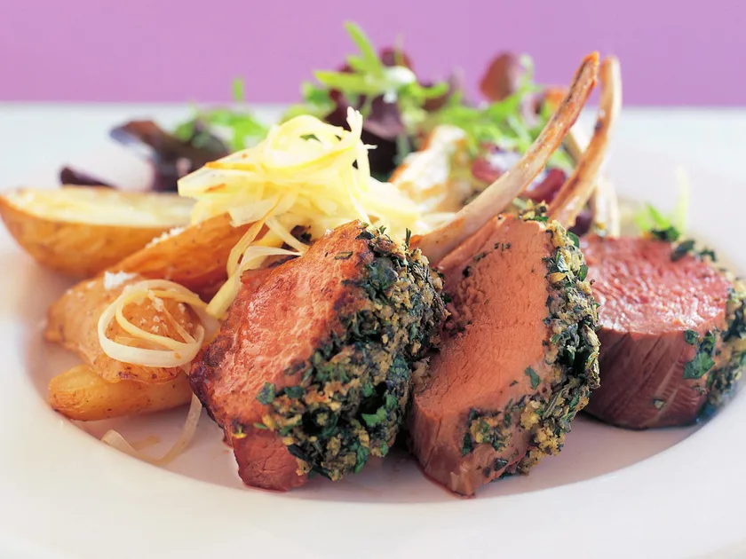 Herb-Crusted Lamb Racks with Kipfler Potatoes and Leek