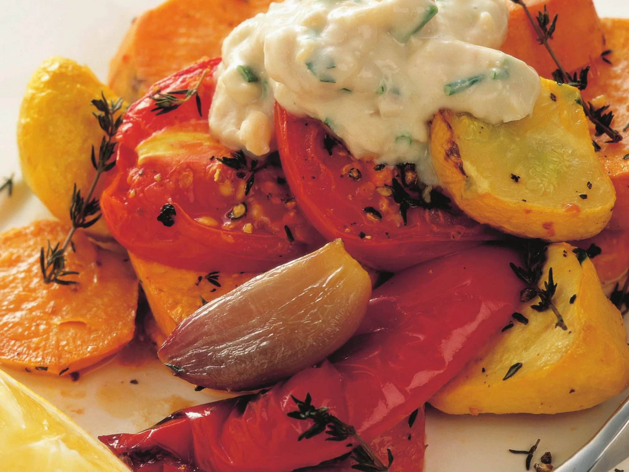 baked kumara, shallots and squash with bean dip