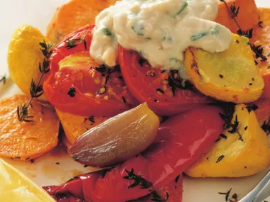 baked kumara, shallots and squash with bean dip