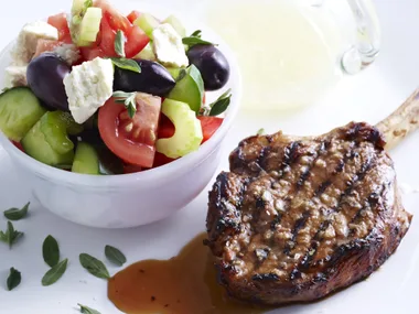 marjoram and lemon-grilled veal chops with greek salad