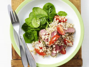 chilli, coriander, lamb and barley salad