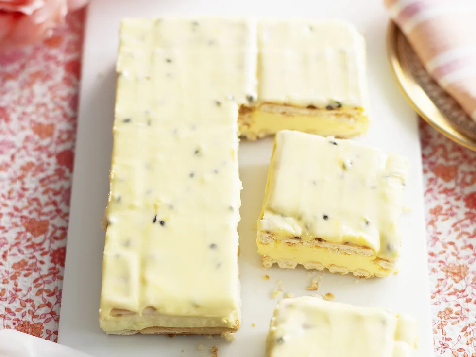 lattice slice with passionfruit icing