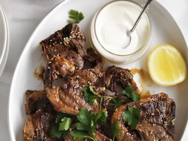 za'atar lamb chops with roasted garlic yoghurt