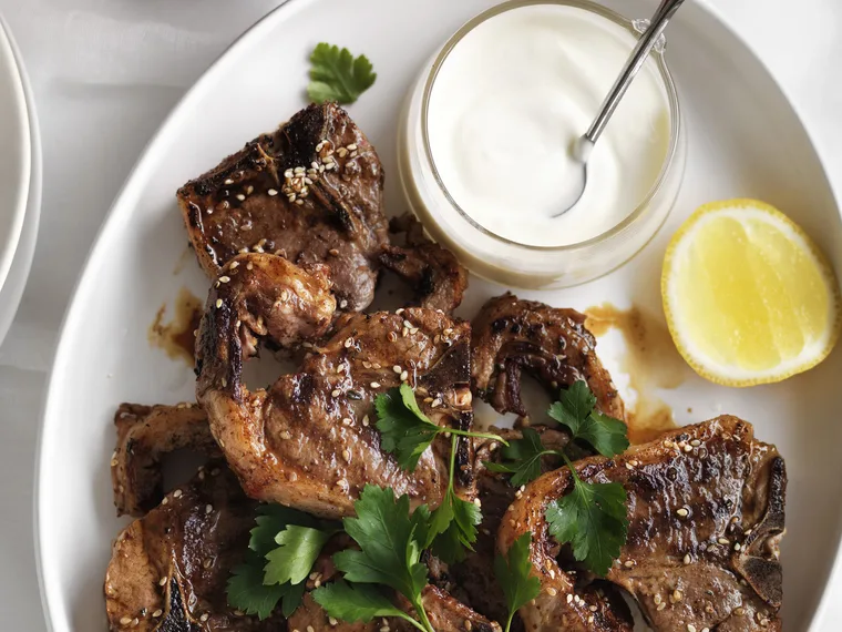 za'atar lamb chops with roasted garlic yoghurt