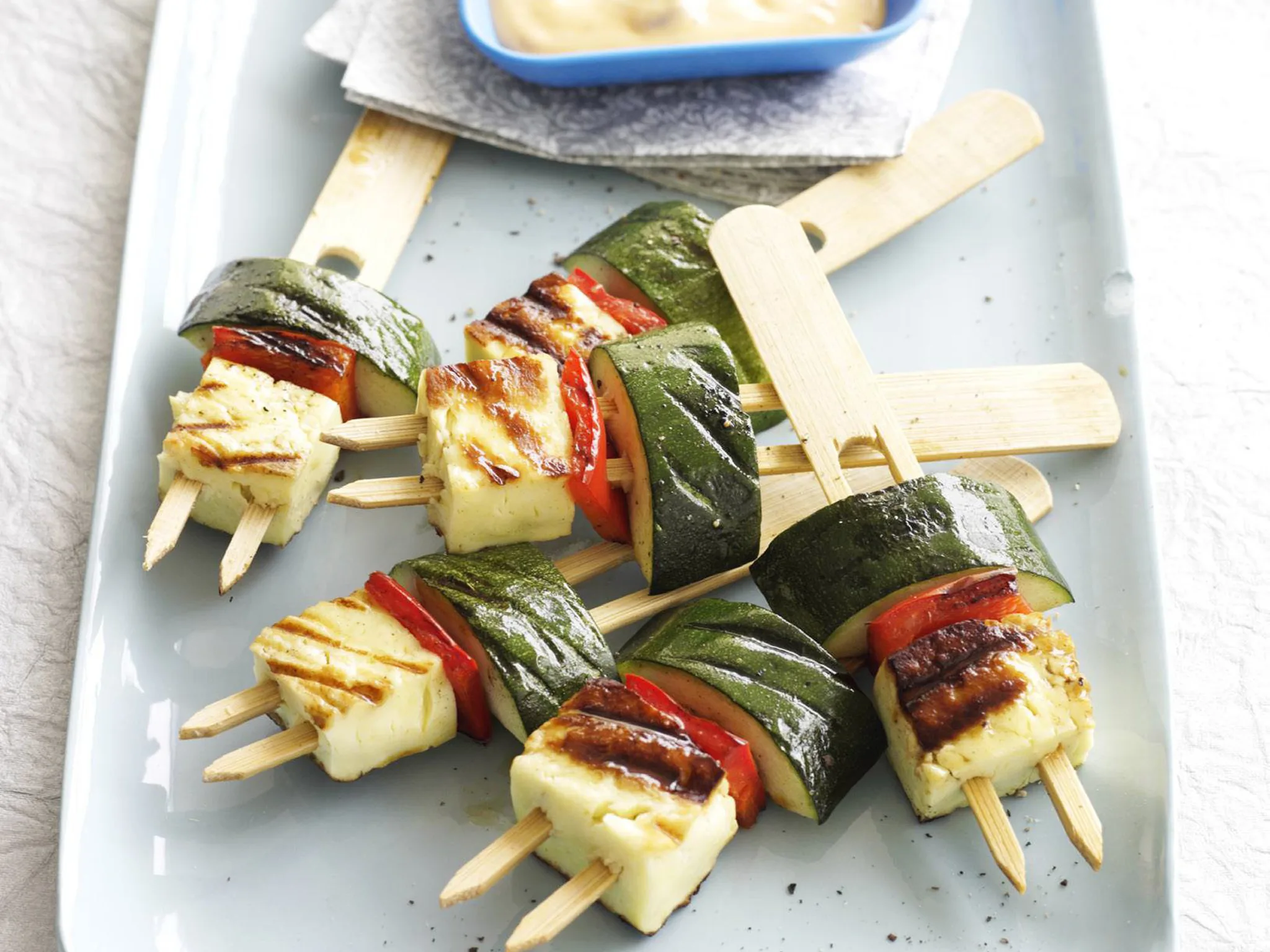 Vegetable and haloumi skewers