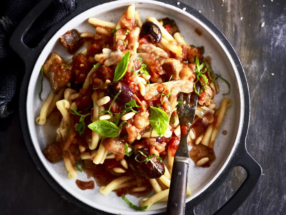 eggplant, olive and pine nutpasta sauce