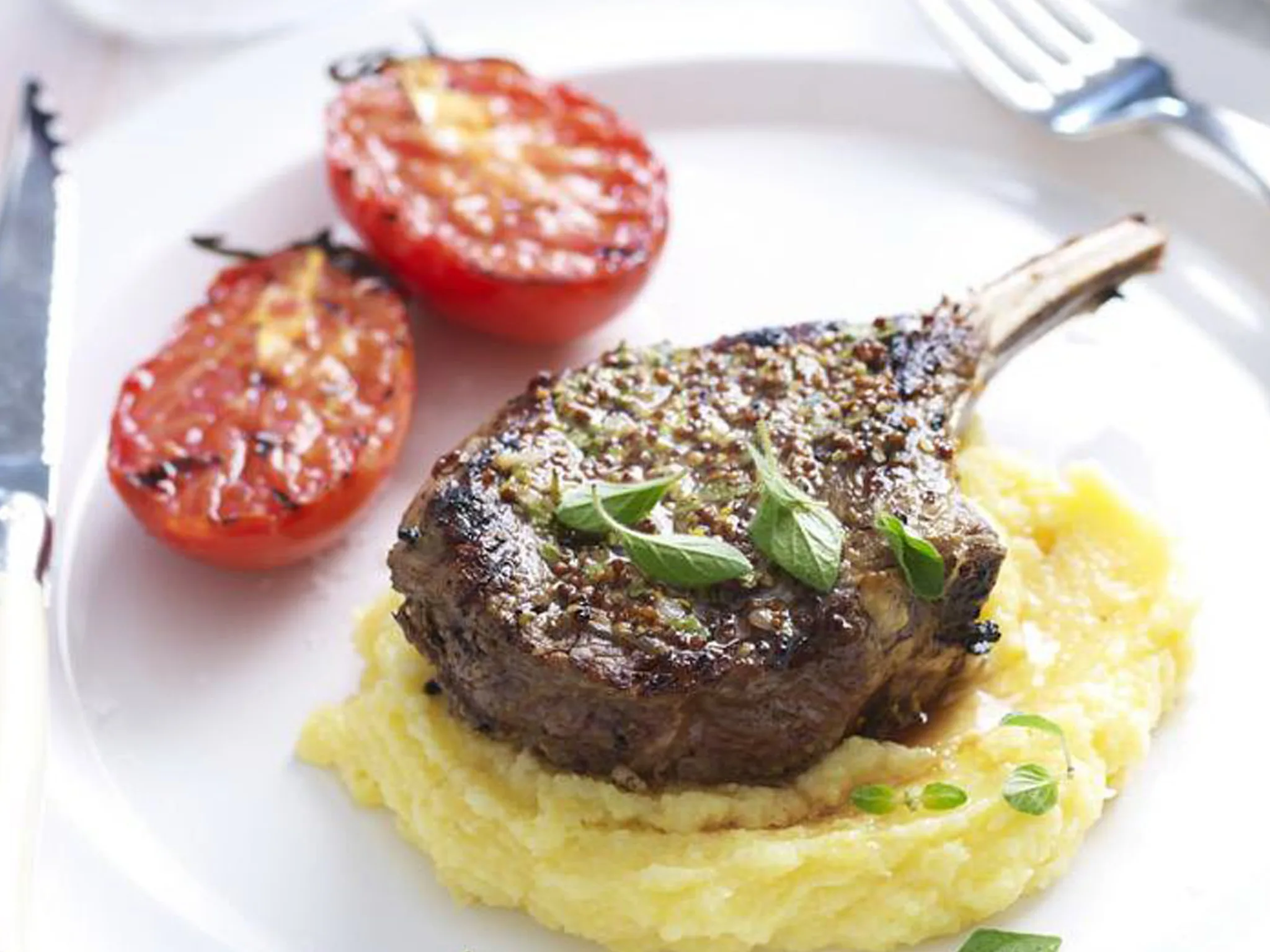 mustard veal with polenta and spinach puree