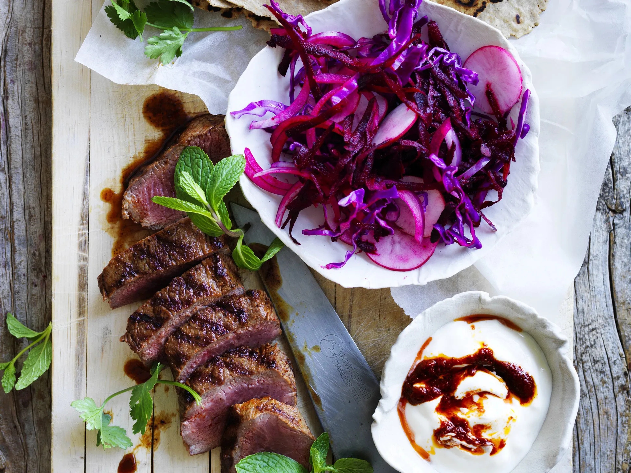 lamb wraps with red salad and harissa yoghurt