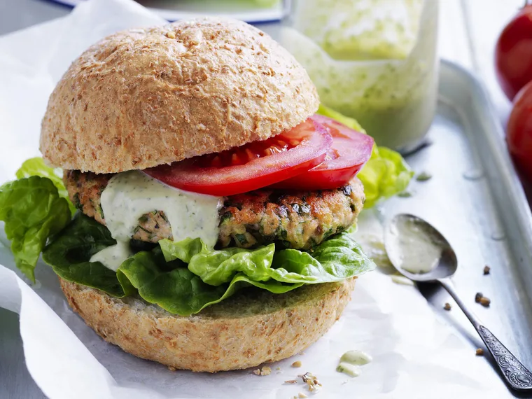 salmon and zucchini burgers with green hummus