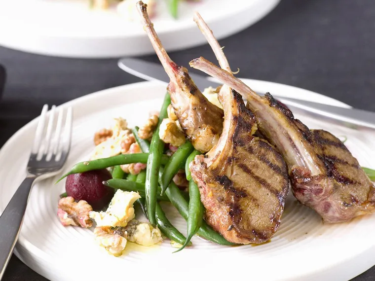 BARBECUED LAMB CUTLETS WITH BEETROOT WALNUT SALAD