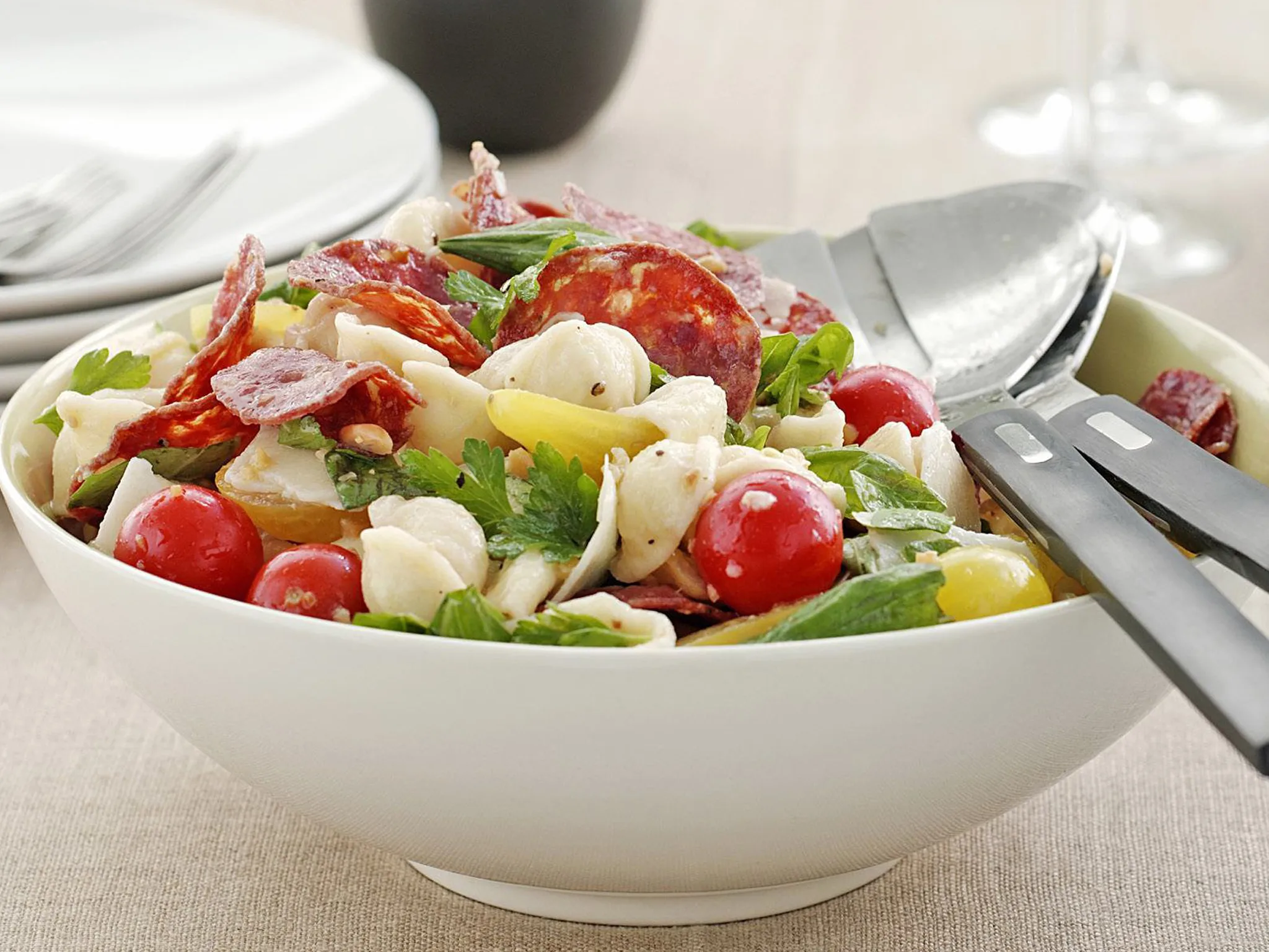 Warm salami and tomato pasta salad-image