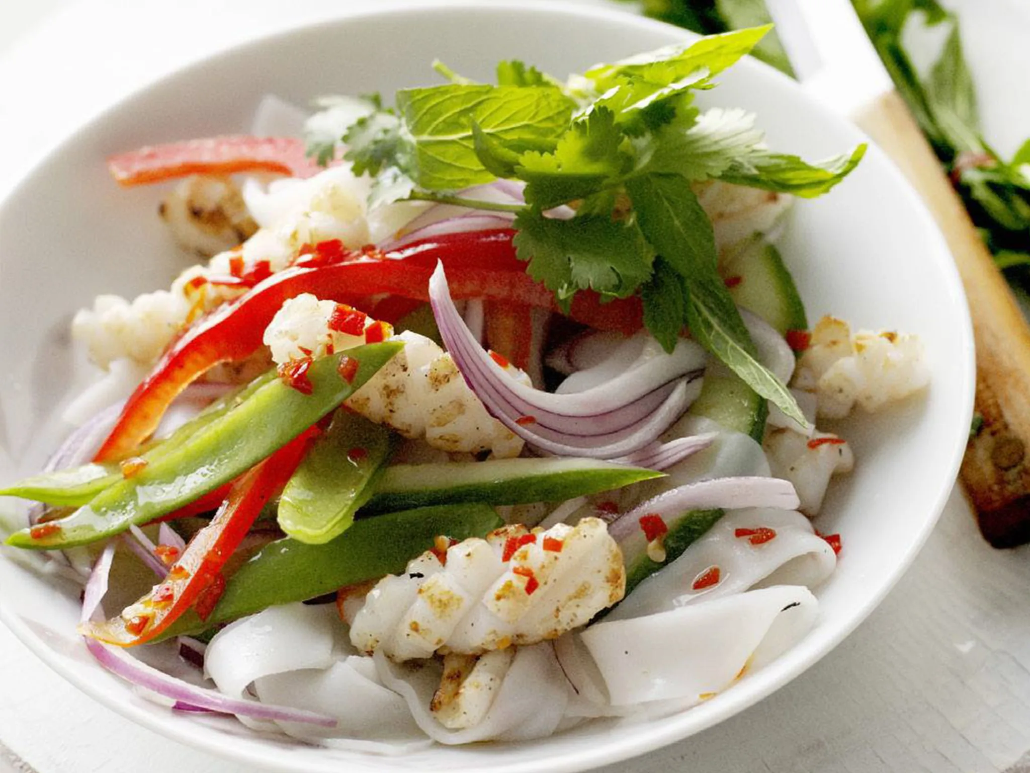 char-grilled chilli squid and rice noodle salad